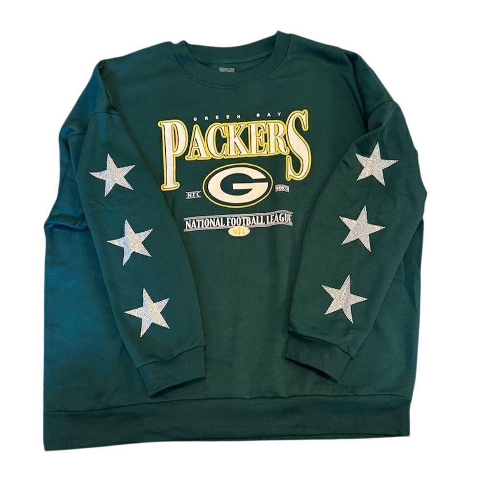 Green Bay Packers NFL Women's Rhinestone Star Sleeve Sweatshirt Green Size Large - Picture 3 of 16